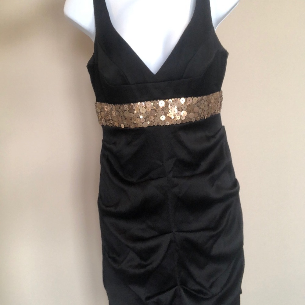 Nicole Miller silk cocktail dress bronze detail